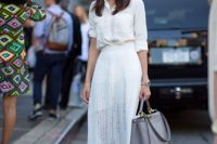 Summer look with white pleated skirt