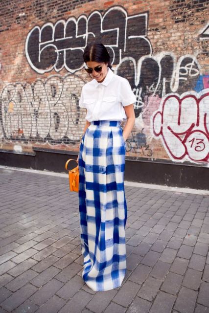 Unique checked maxi skirt and white shirt