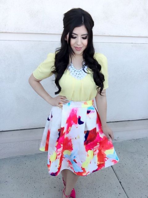 Watercolor A-line skirt with pastel yellow blouse