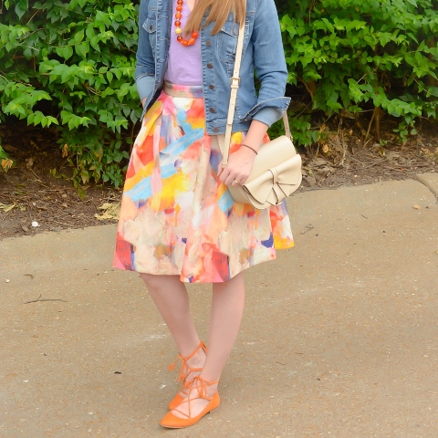 Watercolor skirt with denim jacket and lace up flats