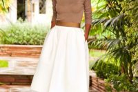 White midi skirt with neutral shirt