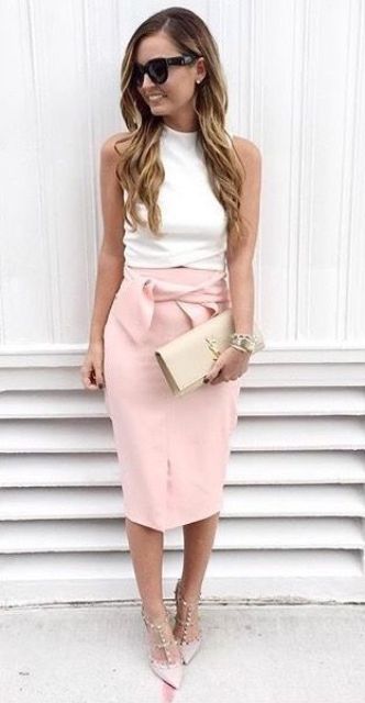 02 blush pencil skirt, a white top and blush shoes