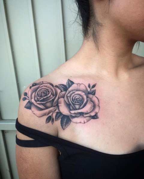 blackwork roses on a shoulder