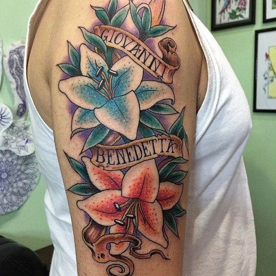 colorful lily tattoo with names
