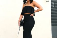 10 black pencil midi skirt, a black off the shoulder top and heels