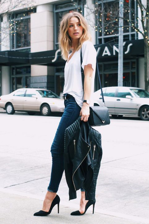 navy skinnies, a white tee and black heels with a black leather jacket