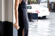 15 black slip dress with cutouts and black sandals