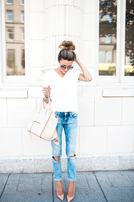 ripped jeans, a white tee and nude heels is classics