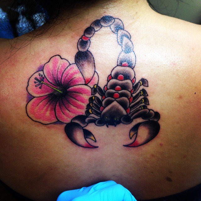 colorful scorpion and flower on the back