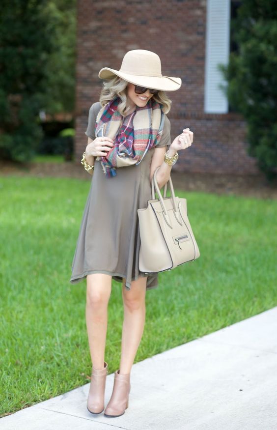 trapeze dress, a checked scarf and nude boots