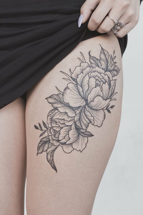peony flower thigh tattoo