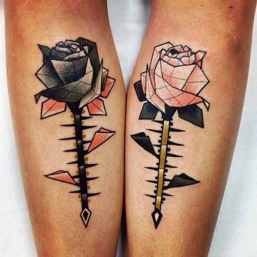 geometric roses couple tattoo