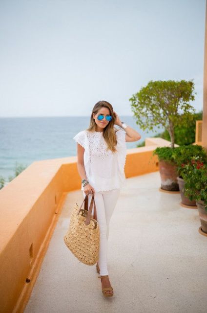 All white outfit with straw bag