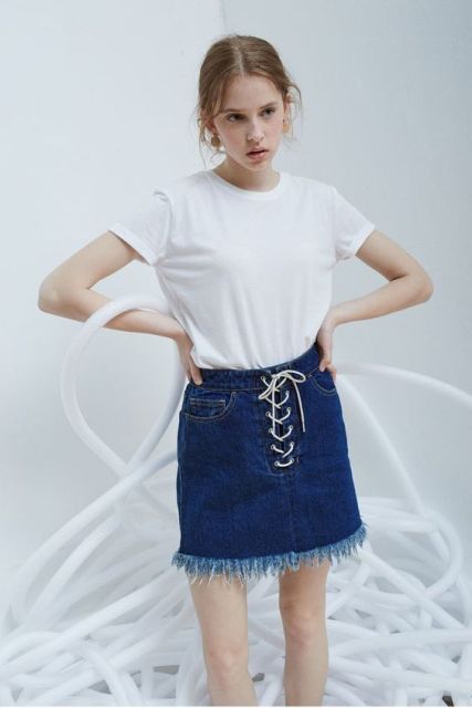 Classic look with denim lace up skirt with fringe hem