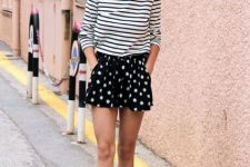 Eye-catching look with striped shirt, polka dot skirt and espadrilles