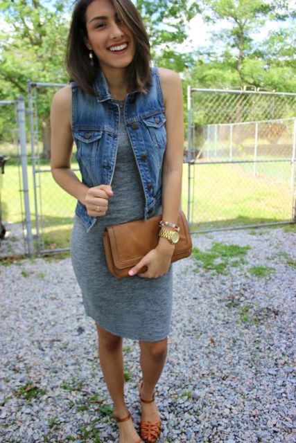 Feminine look with simple dress, denim vest and clutch