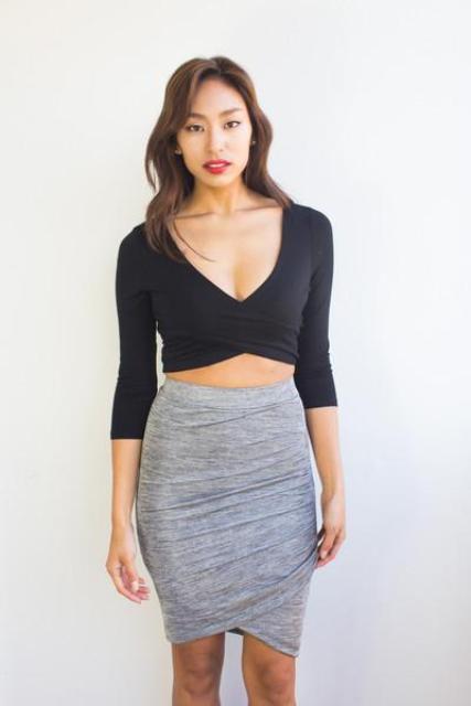 Look with black crop top and gray pencil tulip skirt