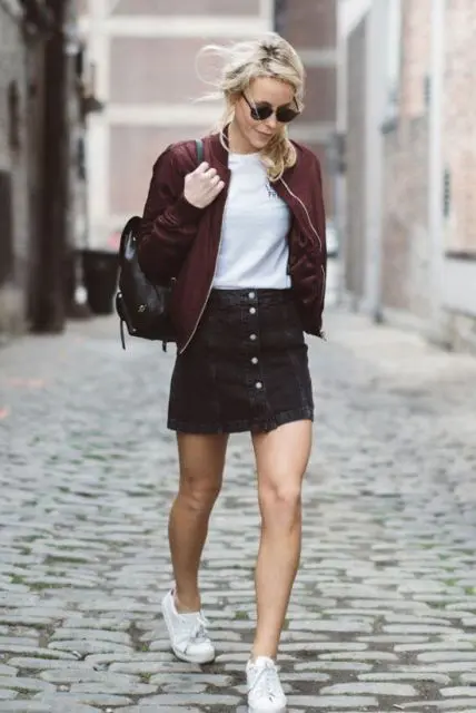 Look with black denim button front skirt and jacket