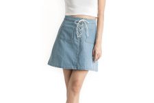 Look with blue high waisted skirt and white t-shirt