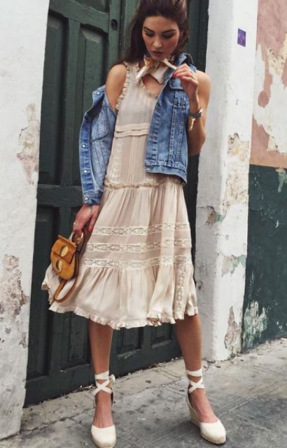 Look with chic dress, and lace up flats