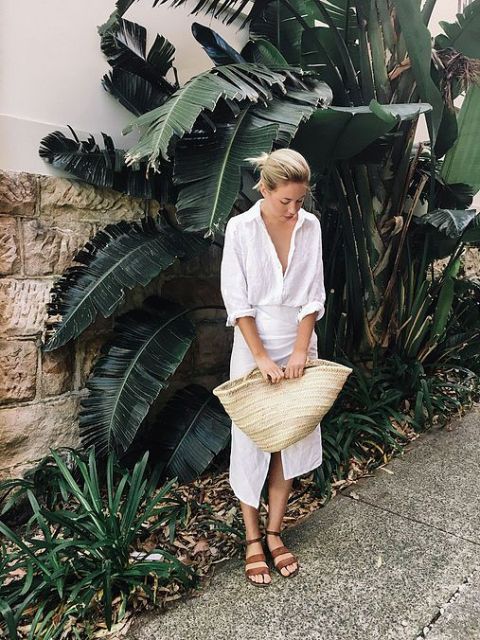 Look with straw tote and white shirt dress
