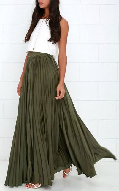 Maxi olive green pleated skirt and white crop top