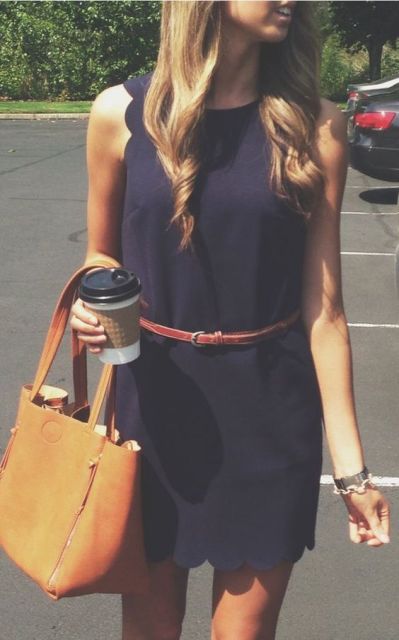 Office look with dress, belt and leather bag