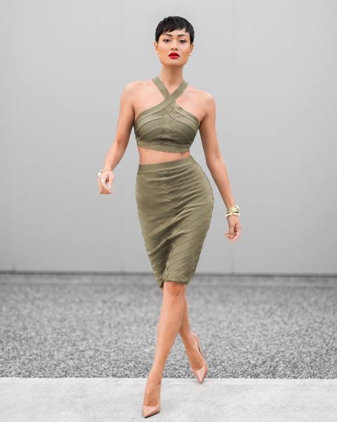Olive green skirt with crop top