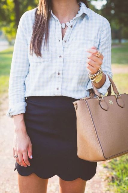 Outfit with button down printed shirt and mini skirt