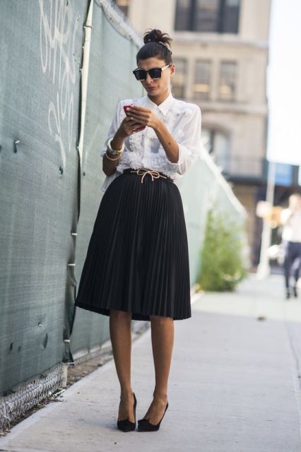 Pleated skirt with white shirt
