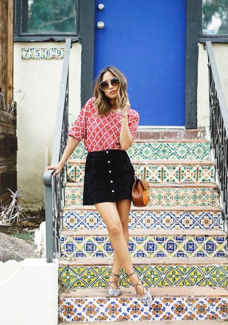 Printed shirt, black shirt and lace up sandals