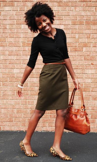 Stylish look with olive green pencil skirt and leopard flats