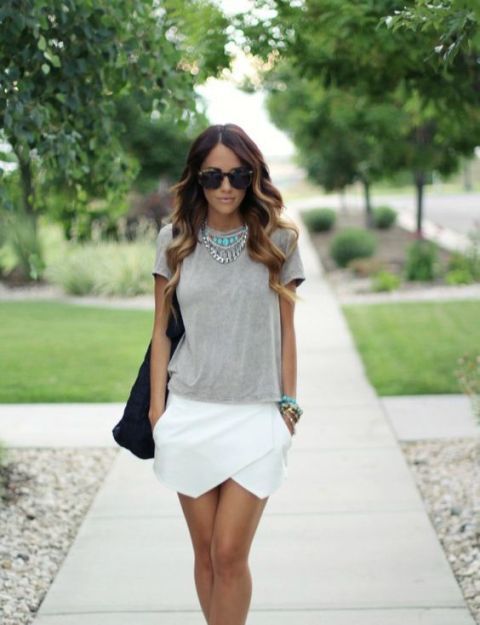 Stylish outfit with gray shirt and white tulip skirt