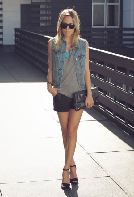 Stylish outfit with shorts, vest and heels