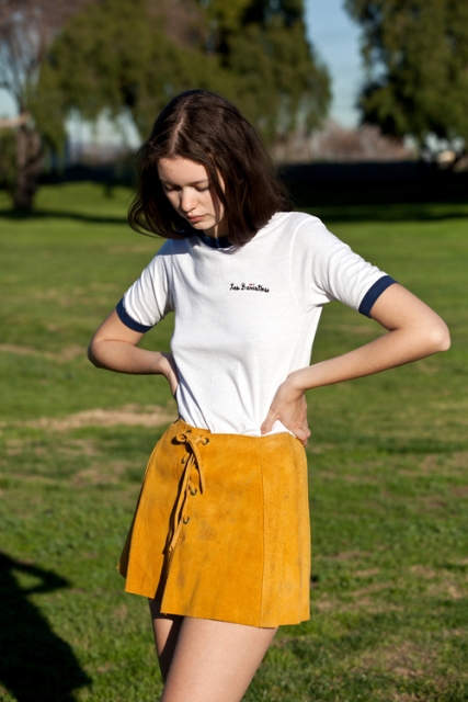 Suede lace up skirt and simple t-shirt