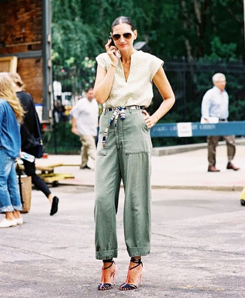 Super trendy look with loose cargos, belt and blouse