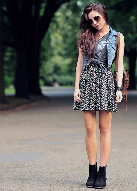 Trendy look with denim vest and printed mini skirt