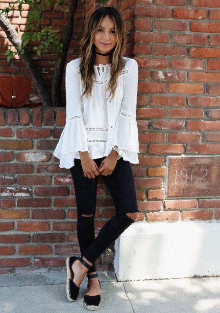 Trendy outfit with bell sleeve blouse and espadrilles