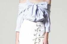 Unique look with white skirt and off the shoulder shirt