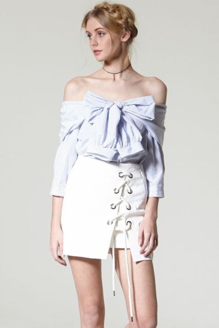 Unique look with white skirt and off the shoulder shirt