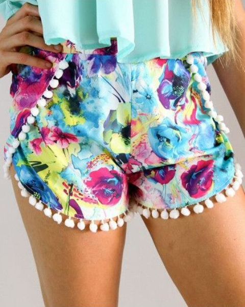 Watercolor shorts with pom poms