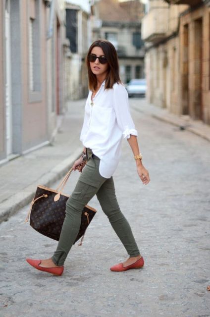White loose button down shirt and cargo pants