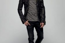02 a striped jersey, jeans, a leather jacket and sneakers