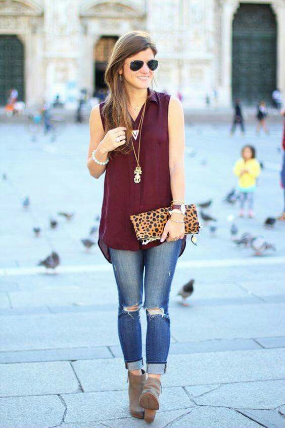 05 a burgundy top, ripped jeans and ankle booties