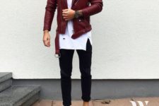 05 black jeans, a white tee, a red leather jacket and white chucks