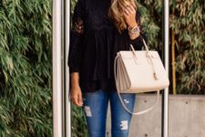 05 black ruffled blouse, distressed skinny jeans, hot pink flats