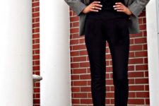 08 all black pants and top with a grey blazer and gold toed pointed pumps