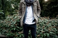 08 black jeans, a white tee, a denim overshirt, a grey jacket and a grey scarf