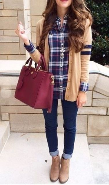 jeans, a plaid shirt, tan ankle boots, a cardigan