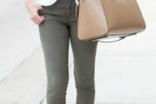09 olive green jeans, a white t-shirt and nude heels